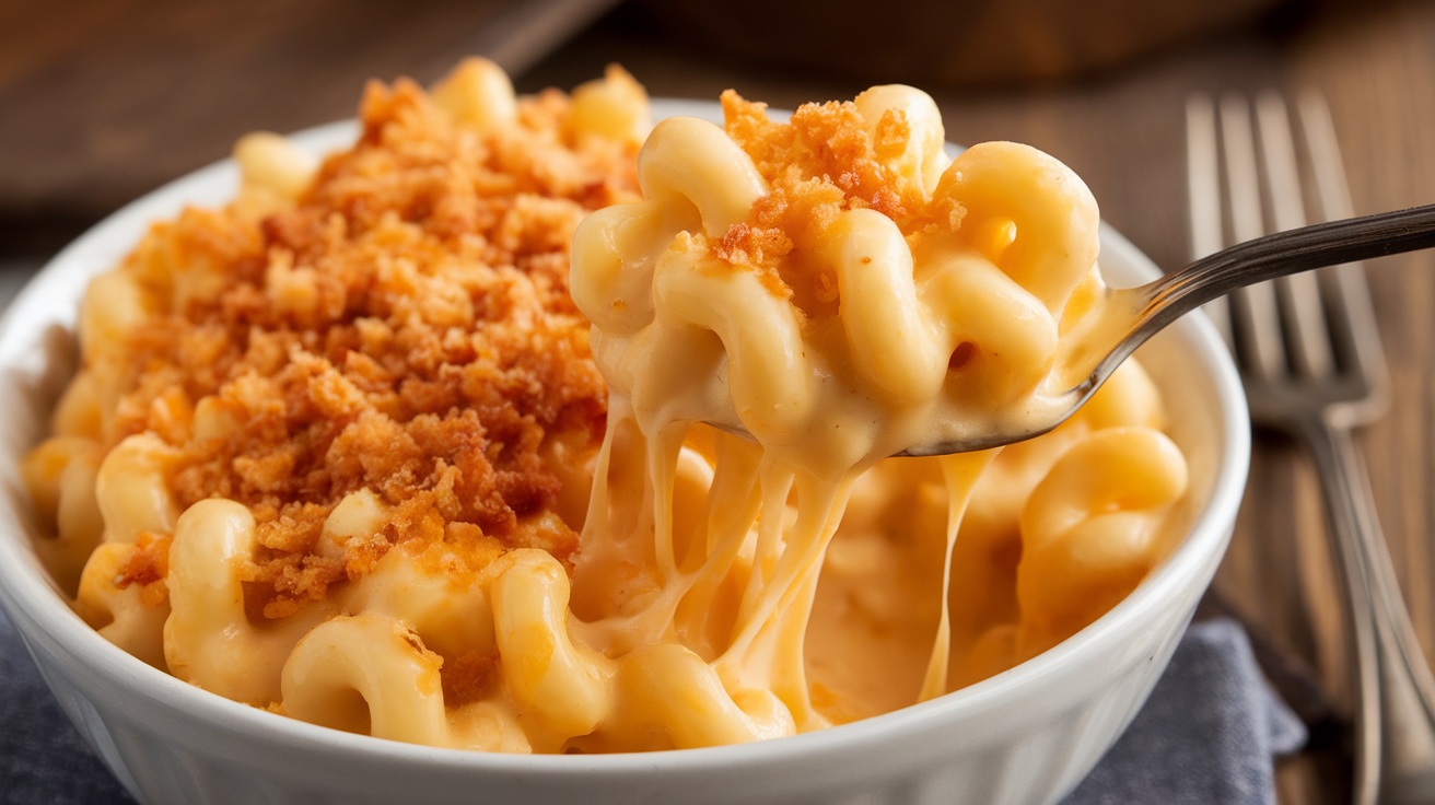 A bowl of creamy mac and cheese topped with breadcrumbs, served on a wooden table.